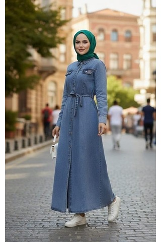 Hb Harma Time Butik Kadın Boncuk İşlemeli Düğmeli Kuşaklı Kot Mavi Elbise