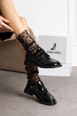 Dabab Shoes Elvan Kadın Siyah Rugan Küt Burun Çift Toka Detaylı Kalın Taban Loafer Ayakkabı