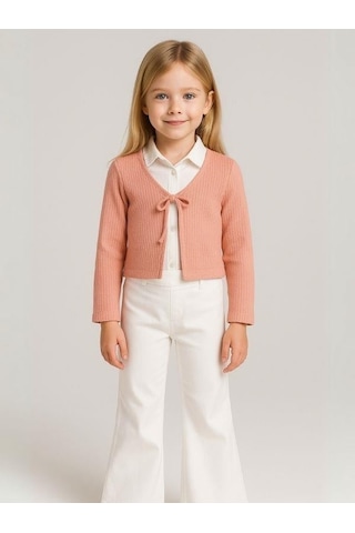 Kız Çocuk Mevsimlik Örme Bağlamalı Hırka-16070 Somon