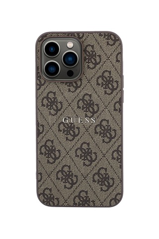 İphone 15 Pro Max Uyumlu Kılıf Guess Lisanslı M-safe Kabartmalı 4g Desenli Yazı Logolu Kapak Kahvere Kahverengi