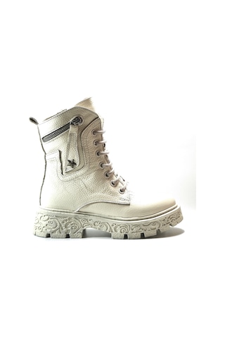 Onlo Ayakkabı R.301 Deri Ekru Kürklü Fermuarlı Kız Çocuk Bot Ekru