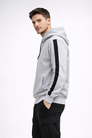 Defymoda Erkek Şeritli Kapüşonlu Sweatshirt Oversize 3 Iplik Pamuklu - Beyaz Beyaz