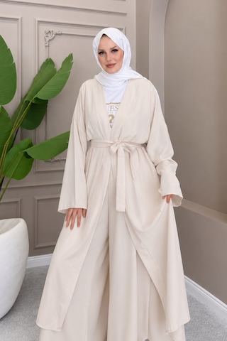 Balenbi Kadın Kuşaklı Kimono Hırka Bol Paça Pantolon Takım Tesettür 2'li Kombin 1230 Taş
