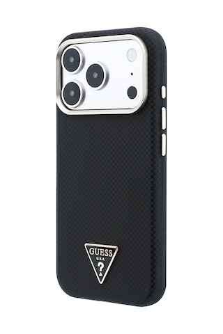 Apple iPhone Uyumlu 18 Pro Kılıf Guess Lisanslı M-safeli Pu Metal Üçgen Logolu Karbon Fiber Kevlar Kapak Siyah