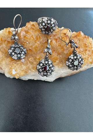 Aysesa Otantik Zirkon Oniks Taşlı Kadın Gümüş Set 2küpe+kolye+yüzük