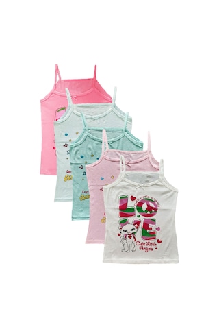 6lı Kız Çocuk İp Askılı Baskılı Düz Renk Atlet Pamuklu Renkli Sdf