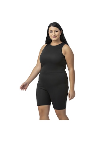Büyük Beden Arkadan Fermuarlı Siyah Kısa Taytlı Tulum-siyah Siyah