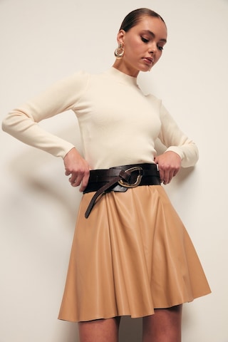 Sateen Mini Deri Etek - Camel