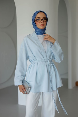 Moonsc Keten Kimono Kemerli Mavi