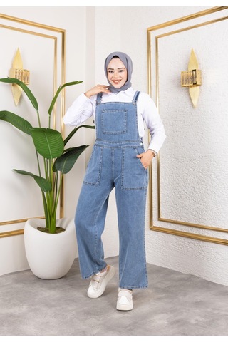 Harmatime Kadın Cep Detaylı Askılı Mavi Kot Tulum