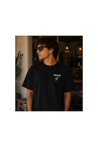 Qmen Style Unisex Siyah Oversize Baskılı T-shirt Texas Suv %100 Pamuk Beyaz