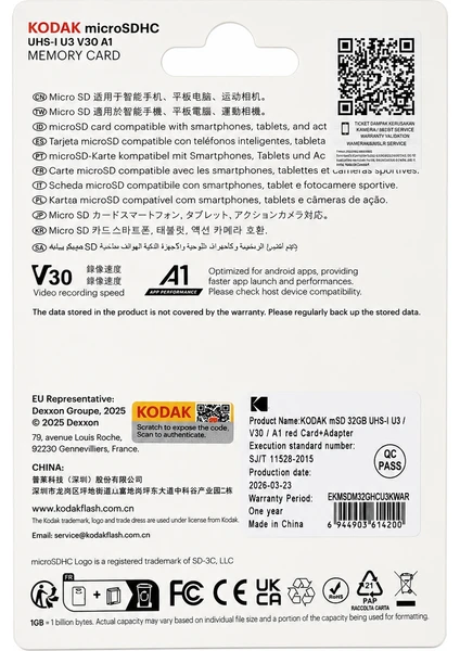 Kodak 32gb Micro Sd Uhs-ı U3/v30/a1 Hafıza Kartı + Adaptör Kırmızı