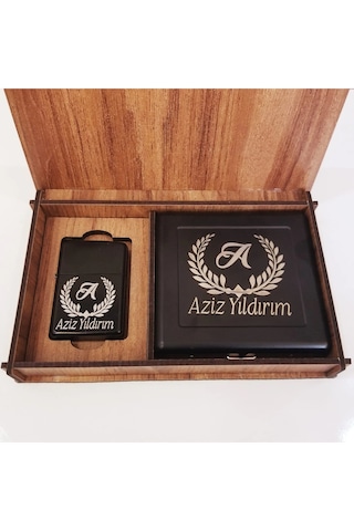 Kişiye Özelahşap Kutulu Metal Çakmak & Metal Sigara Tabakası