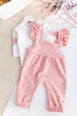 Çiçekli Fırfırlı 100% Pamuk 2'li Kız Bebek Salopet Tulum Set Somon