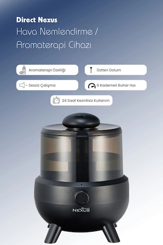 Direct Nexus Ultrasonik Buhar Makinesi Humudifier / Aromaterapi Cihazı Diffüzör 2 Litre 6 Kademeli - Siyah Renk