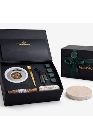Perlotus Mermer Viski Tütsüleme Aparatı Premium Hediye Kutulu Çakmak, Soğutma Taşları Talaş Seti Bej