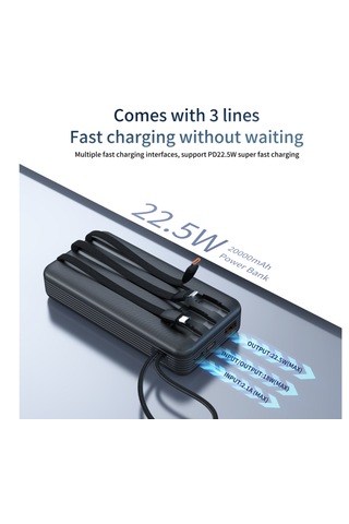 Hepu Hp-252 Powerbank 20.000 Mah 22.5w Hızlı Dahili Çoklu Kablolu, Dijital Göstergeli Siyah