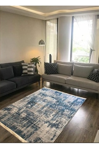 Mavi Kaymaz Tabanlı Yıkanabilir Halı Kilim Yolluk Dijital Bas... Mavi