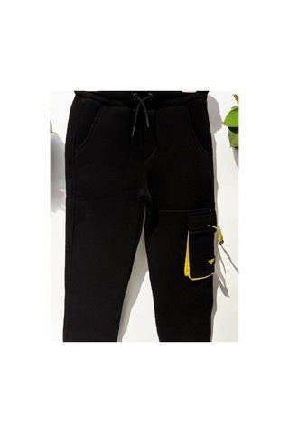 Çocuk 3 İplik Şardonlu Renkli Cepli Kargo Eşofman Alt-14705 Siyah
