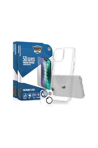 Buff Apple iPhone Uyumlu 15 Plus - 2x5d Ekran Koruyucu + Şeffaf Kılıf + Lens Koruyucu Glass