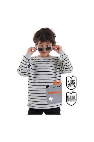 Cool Oversize Çizgili Gri Erkek Çocuk Sweatshirt