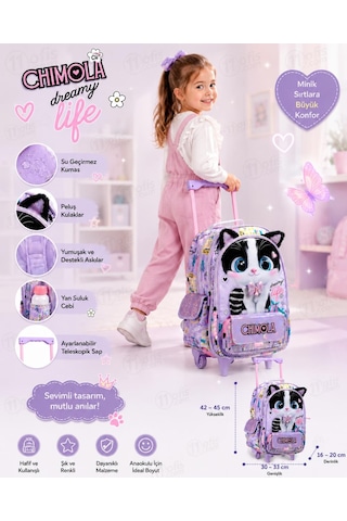 Chimola Dreamy Life Kedi Desenli 16 İnç Çekçekli Anaokulu Sırt Çantası Peluş Kulaklı Lila Bt285 Çok Renkli