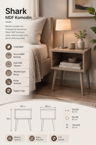 Renazzo %100 Mdf Shark Komodin - Çekmecesiz Atlantik Çam