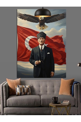 Dalgalanan Bayrak Atatürk Ve Gökteki Kartal Dekoratif Kanvas - Mdf Ahşap Tablo