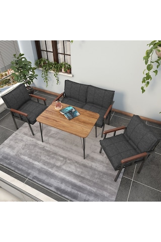 Mygusi Modern Balkon, Bahçe, Cafe - Metal Kanepe Koltuk Takımı - 2+1+1 Masa Antrasit