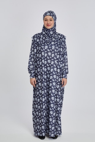 Pratik Tek Parça Manolya Desenli Namaz Elbisesi Lacivert