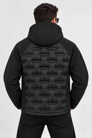 Hk Premium Erkek Parmak Baskı Kapitone %100 Polyester Hibrit Softshell Kapüşonlu Şişme Mont Siyah