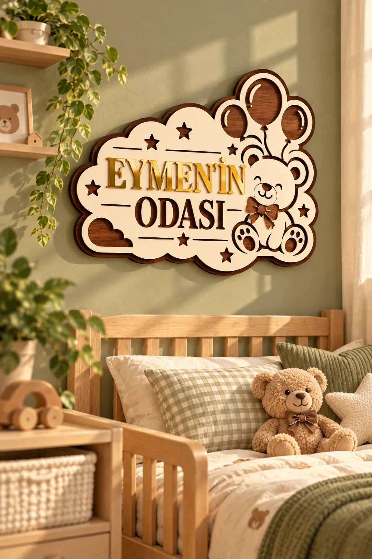 Kişiye Özel Ayıcıklı Balonlu Bebek Ve Çocuk Odası İsimliği Gold Pleksi Mdf Kapı Ve Duvar Süsü