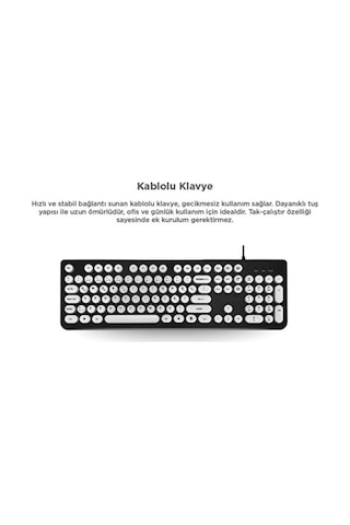 Tk-09 Kablolu Q Klavye Retro Daktilo Görünümlü Siyah-beyaz Su Geçirmez Klavye