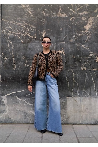 Flex Fashıon Kadın Bisiklet Yaka Leopar Desenli Trend Popüler Hırka Kahverengi - 671847464 Kahverengi - 671847464 Kahverengi