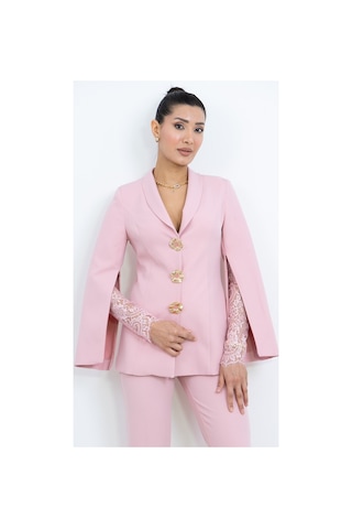 Dorne Moda Özel Koleksiyon Dantel Detaylı Takım Elbise - Düğün - Mezuniyet - Ofis Şıklığı Pembe