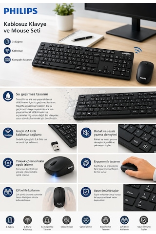 Philips SPT6602B/62 2.4GHz 104 Tuş 1000 DPI Mouse Kablosuz Klavye Mouse Seti