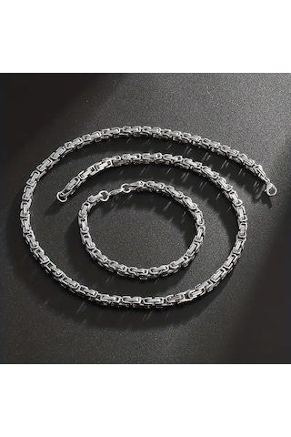 Silver Renk Tamamı Saf Çelik Kral Erkek Kolye Bileklik Set 4mm Gümüş