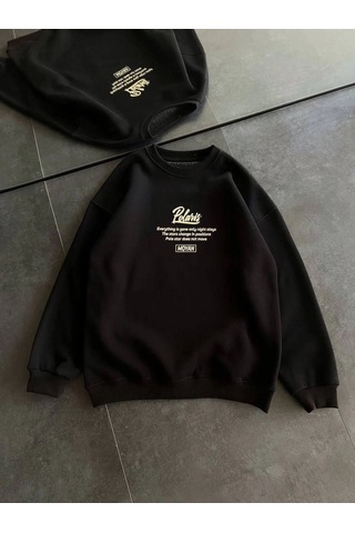 Mbb E-ticaret Kadın 3 İplik Pamuklu Bisiklet Yaka Baskılı Sweatshirt - Siyah