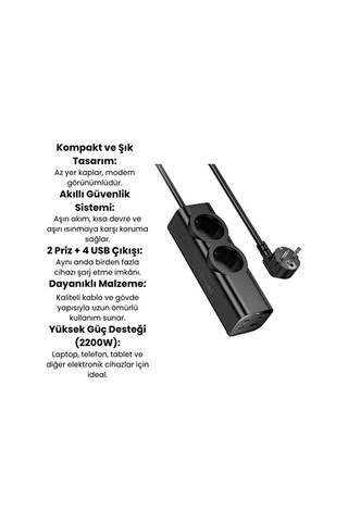 67w Hızlı Şarjlı Akıllı Çoklu Priz 2000w Güç, 2 Usb-c + 2 Usb-a Çıkışlı, Telefon & 1