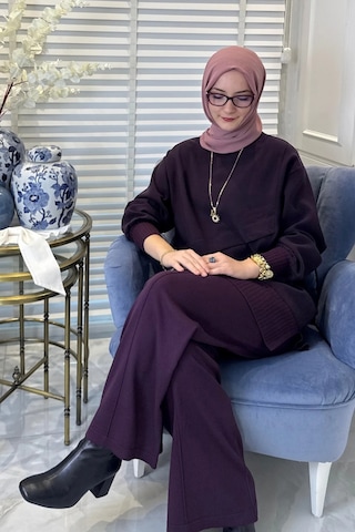 Rabia Şamlı Miray Triko-modal Pantolonlu Takım Mürdüm Normal