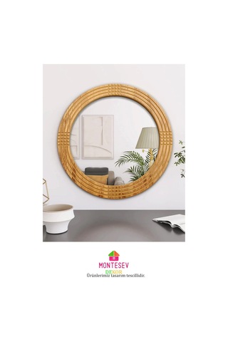 Safir Ahşap Dekoratif Ayna Yuvarlak Ayna Işlemeli Ahşap Duvar Aynası - 56 Cm Ceviz