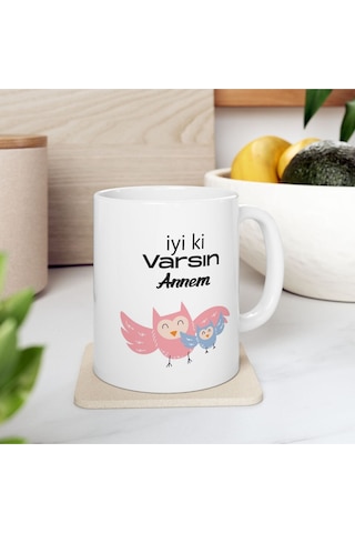 Anne Ve Yavru Baykuş İyi Ki Varsın Anneler Günü Doğum Günü Hediyesi - Hediye Porselen Kupa Bardak Beyaz