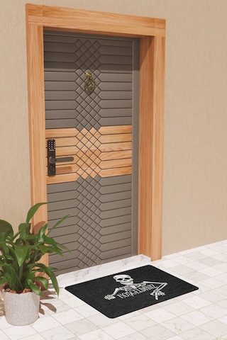 Rugmood Modern Dijtal Baskı Siyah Hoşgeldiniz İskelet Kapı Önü Paspası