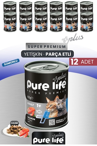 Purelife Plus 12'li Somonlu Yetişkin Konserve Chunk Parça Etli Yaş Mama 400 G