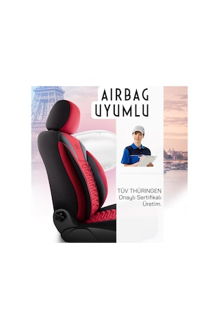 Panda Paris Serisi Pike Kumaş Oto Koltuk Kılıfı Tam Set Kırmızı - Siyah