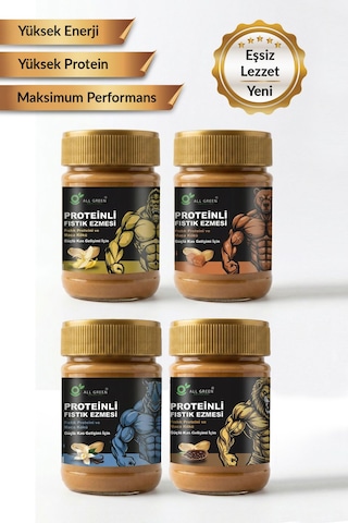 4'lü Paket: Proteinli Fıstık Ezmesi Karamel, Muz, Vanilya, Kakao Fıstık Proteini, Maca Kökü Tozu İle 325 Gr X 4