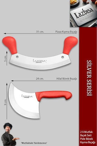 Lazbisa Mft-460 Silver Serisi Pizza Salata Hilal Börek Pide Bıçağı Kıyma Bıçağı 2 Li Set Günlük Kullanım Kırmızı