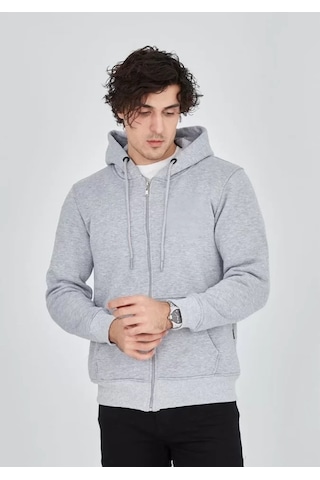 Biçomi Bicomı Unisex Tam Fermuarlı, Ayarlanabilir Kapüşonlu Günlük Termal Konfor Sweatshirt Melanj Gri