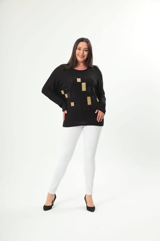 Kısmet Sepeti Kadın Gold Taşlı Yuvarlak Yaka Reglan Kol Siyah Bluz Siyah - Gold