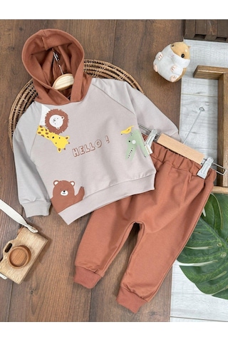 Baby Waka Zürafa&aslan Baskılı Kapüşonlu Erkek Bebek Alt Üst Takım Kahve